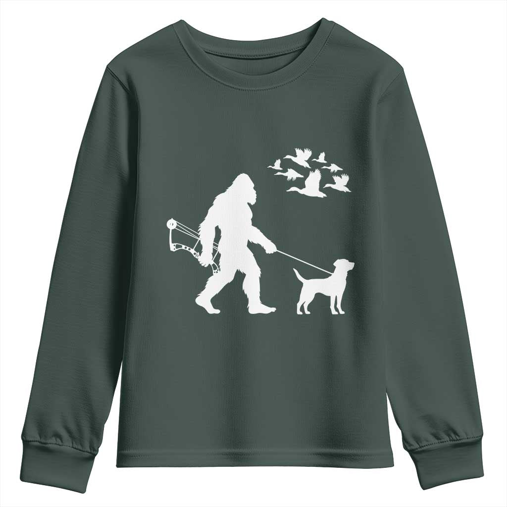 Funny Bow Hunter Youth Sweatshirt Bigfoot Walking Labrador Hunting Dog Gift TS12 Dark Forest Green Print Your Wear