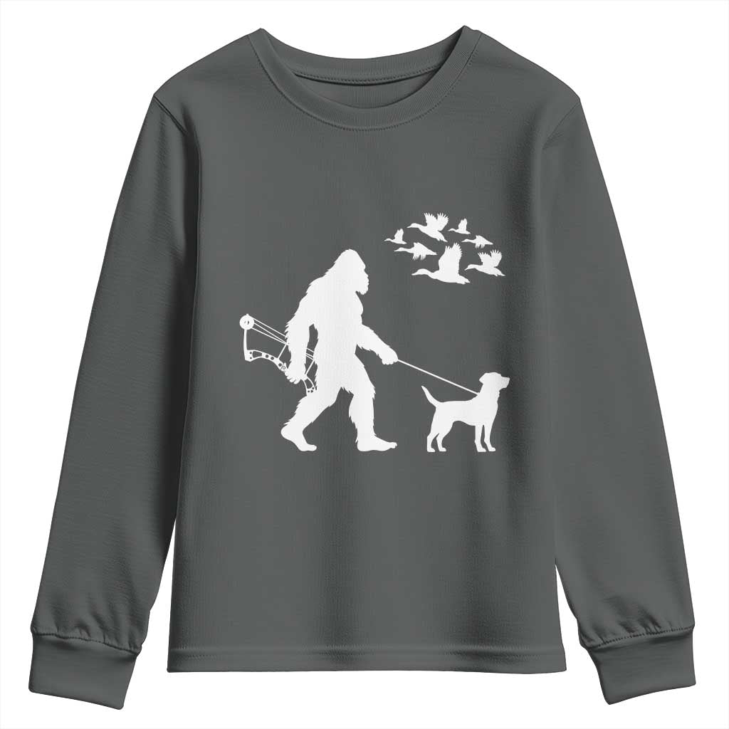 Funny Bow Hunter Youth Sweatshirt Bigfoot Walking Labrador Hunting Dog Gift TS12 Dark Heather Print Your Wear