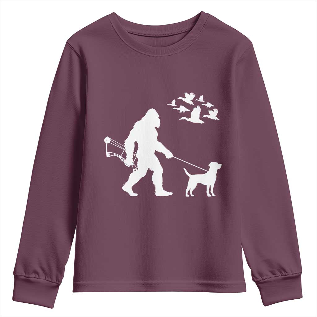 Funny Bow Hunter Youth Sweatshirt Bigfoot Walking Labrador Hunting Dog Gift TS12 Maroon Print Your Wear