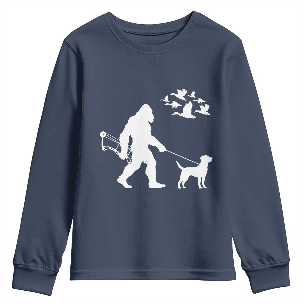 Funny Bow Hunter Youth Sweatshirt Bigfoot Walking Labrador Hunting Dog Gift TS12 Navy Print Your Wear