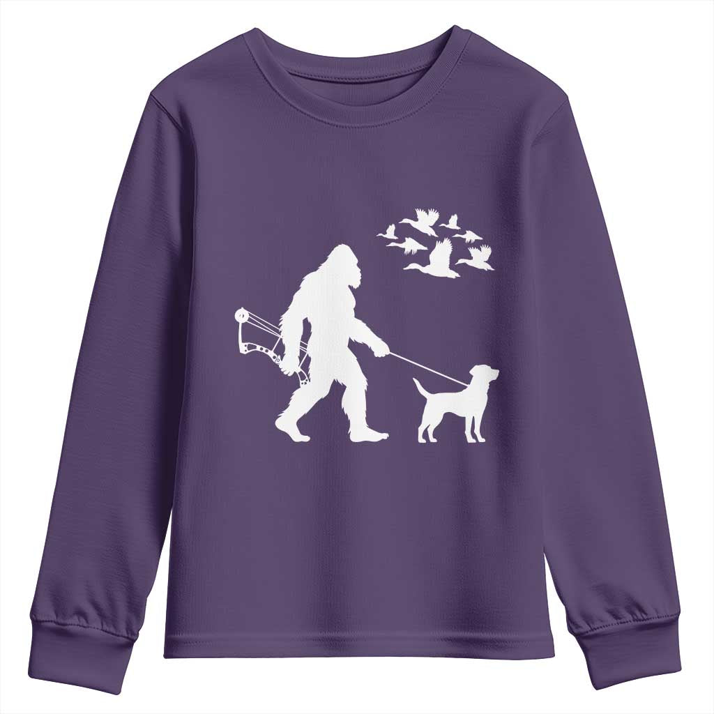 Funny Bow Hunter Youth Sweatshirt Bigfoot Walking Labrador Hunting Dog Gift TS12 Purple Print Your Wear