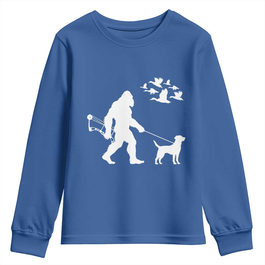 Funny Bow Hunter Youth Sweatshirt Bigfoot Walking Labrador Hunting Dog Gift TS12 Royal Blue Print Your Wear