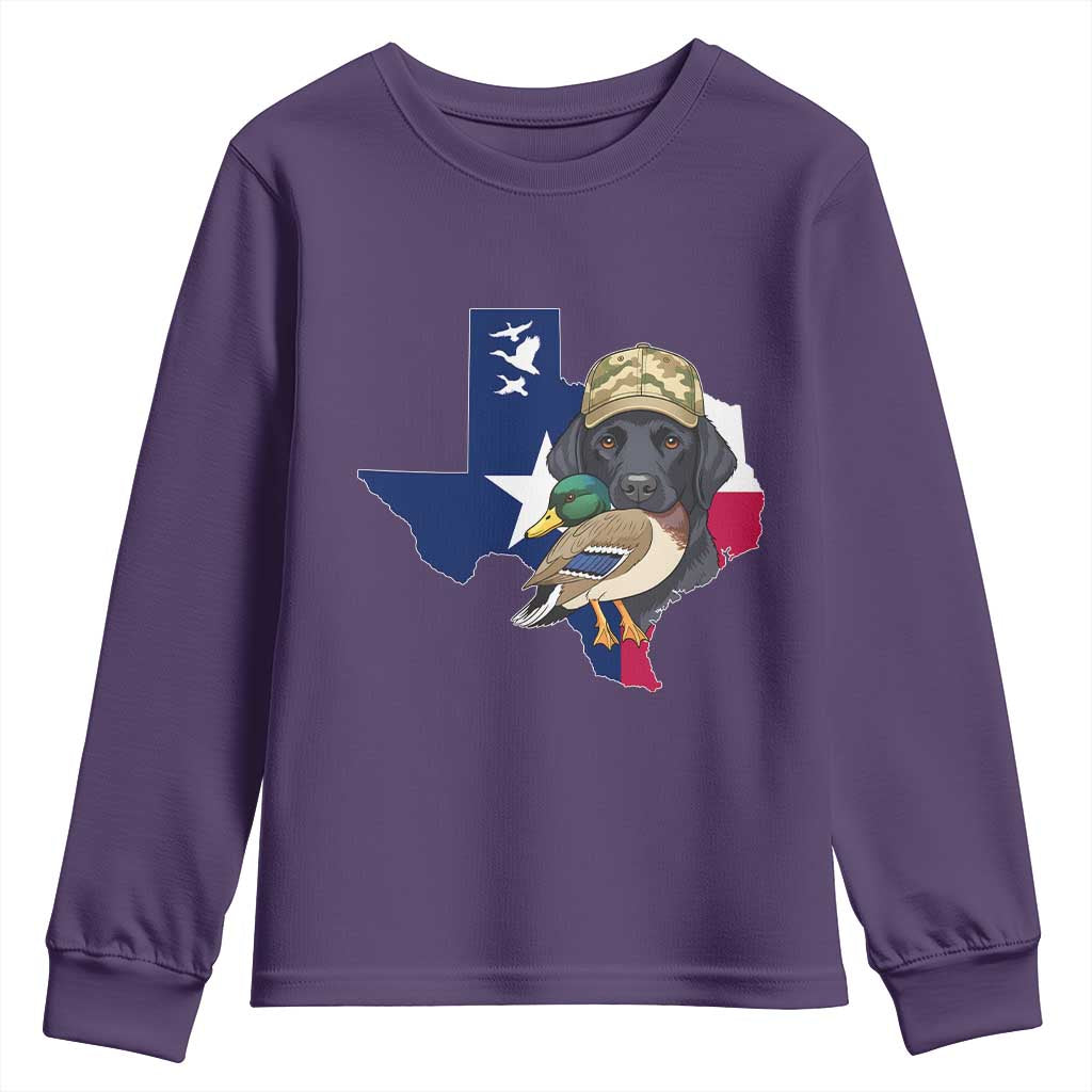 Funny Texas Duck Hunting Season Youth Sweatshirt Black Labrador Hunter Gift TS12 Purple Print Your Wear
