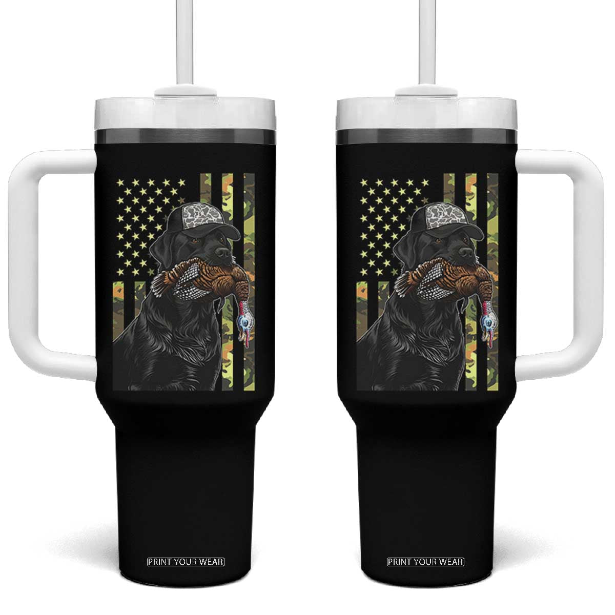 Camo Hunting Dog Turkey American Pride Gift Tumbler With Handle TS12 One Size: 40 oz Black Print Your Wear