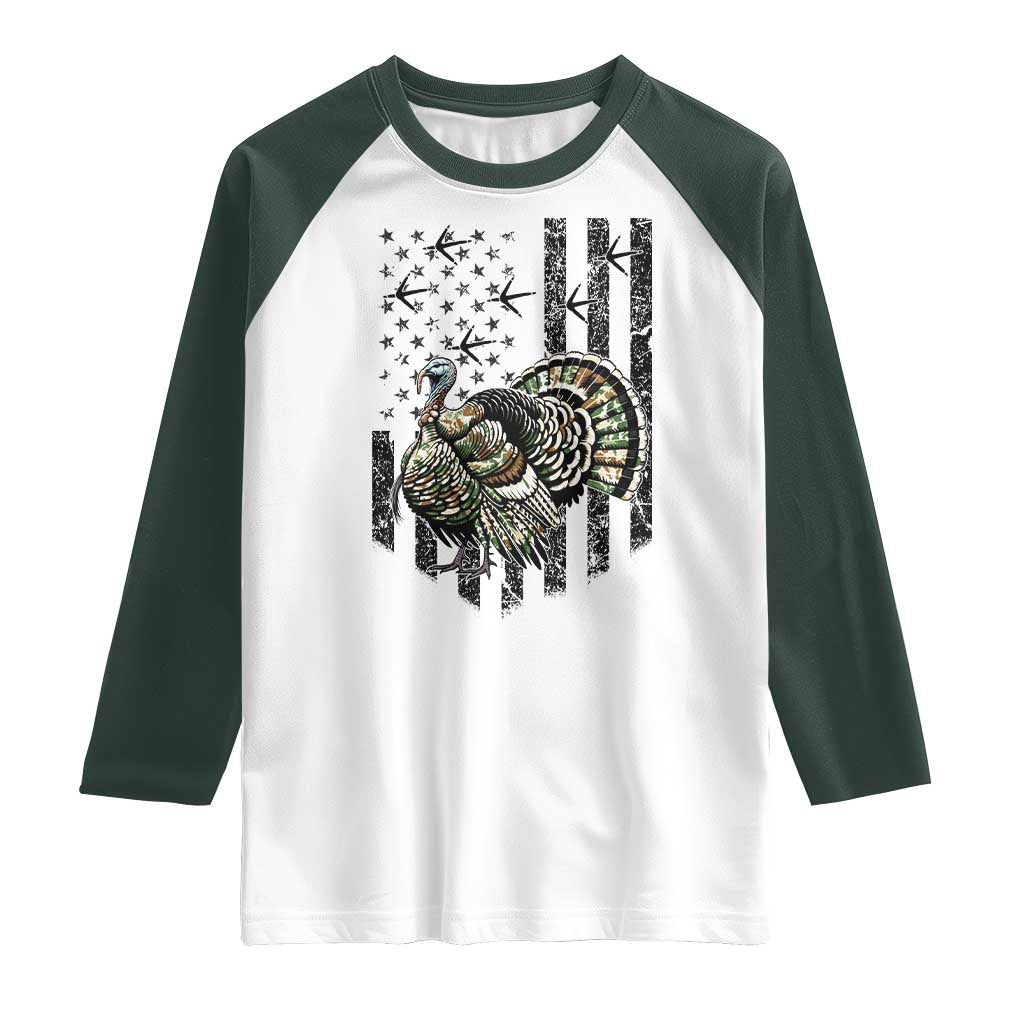 Turkey Hunter Raglan Shirt Patriotic American Flag Gift TS12 White Dark Forest Green Print Your Wear