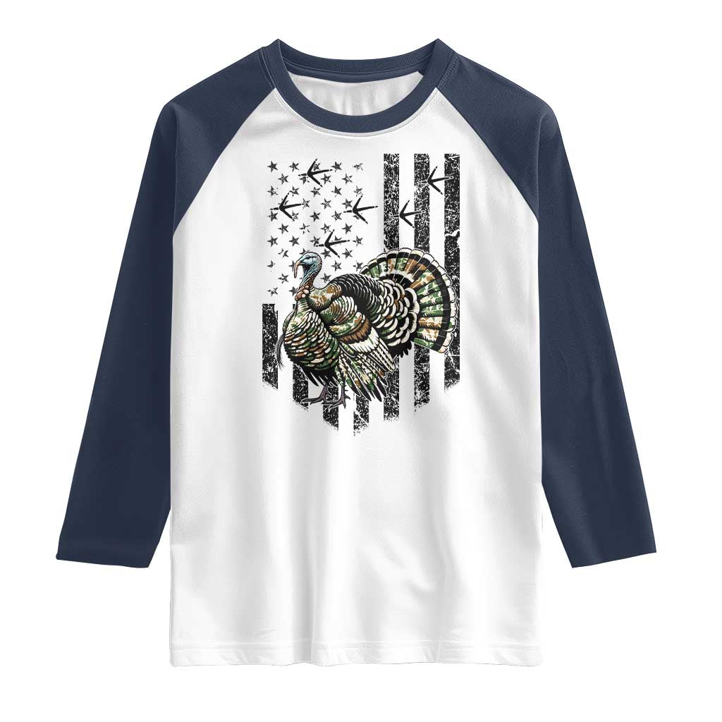 Turkey Hunter Raglan Shirt Patriotic American Flag Gift TS12 White Navy Print Your Wear