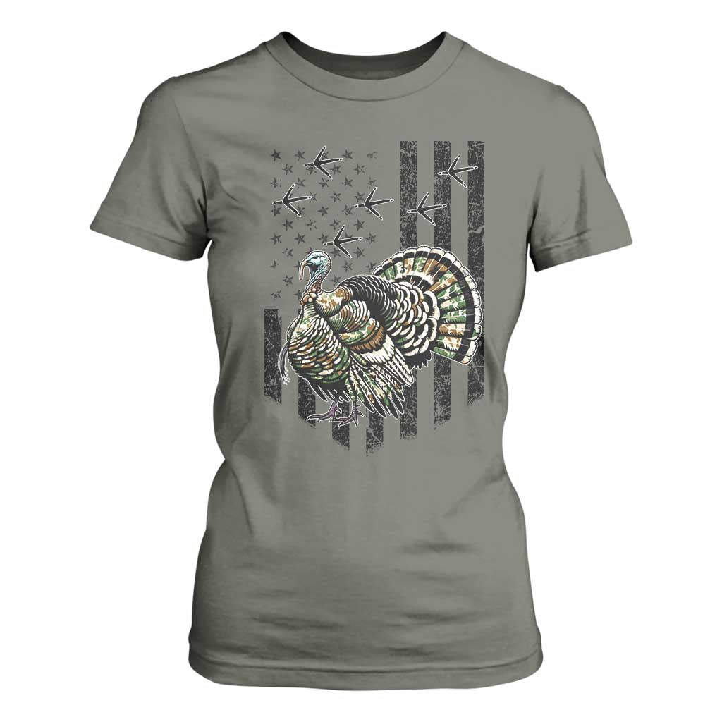 Turkey Hunter T Shirt For Women Patriotic American Flag Gift TS12 Military Green Print Your Wear