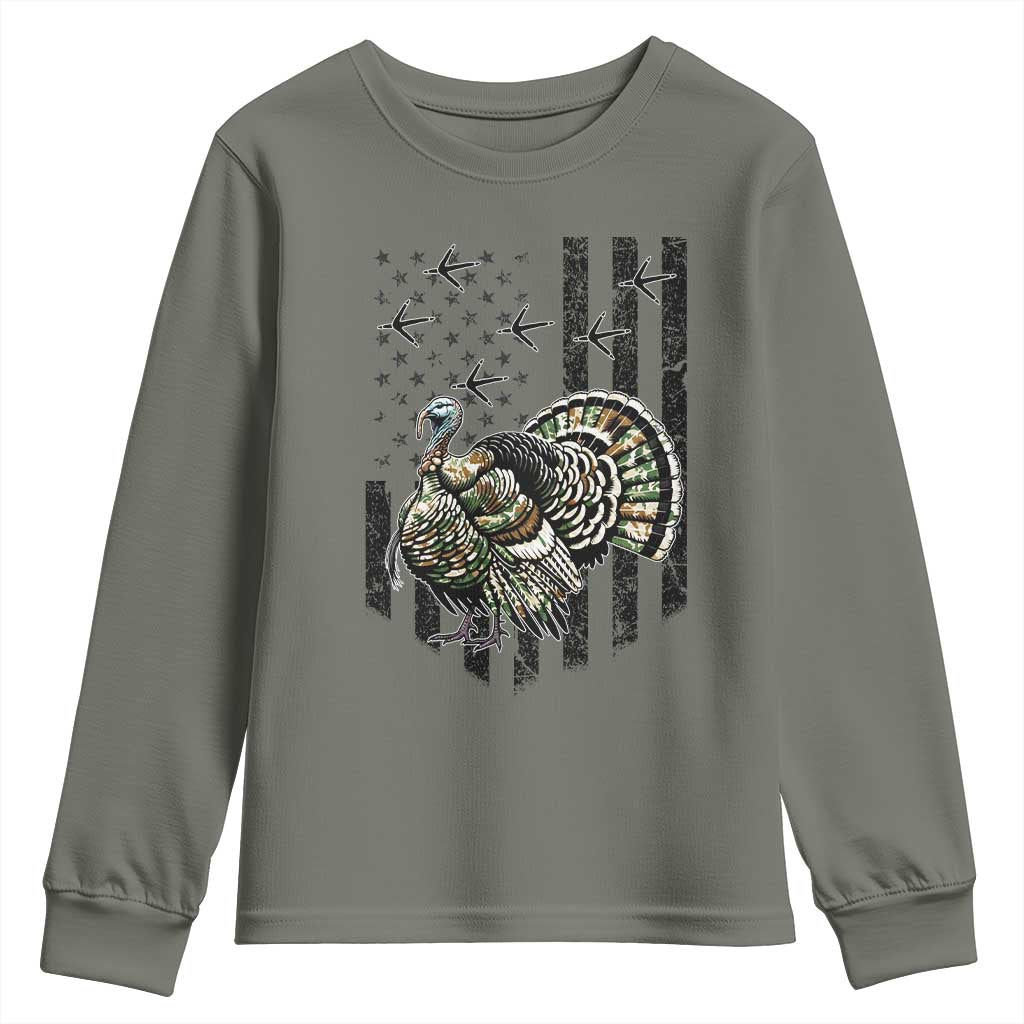 Turkey Hunter Youth Sweatshirt Patriotic American Flag Gift TS12 Military Green Print Your Wear