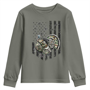 Turkey Hunter Youth Sweatshirt Patriotic American Flag Gift TS12 Military Green Print Your Wear