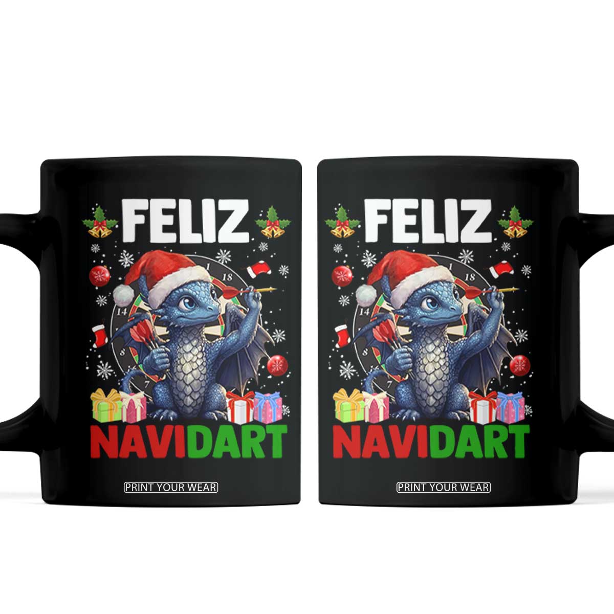 Funny Dragon Throwing Dart Christmas Gift Coffee Mug Feliz Navidart TS12 Black Print Your Wear