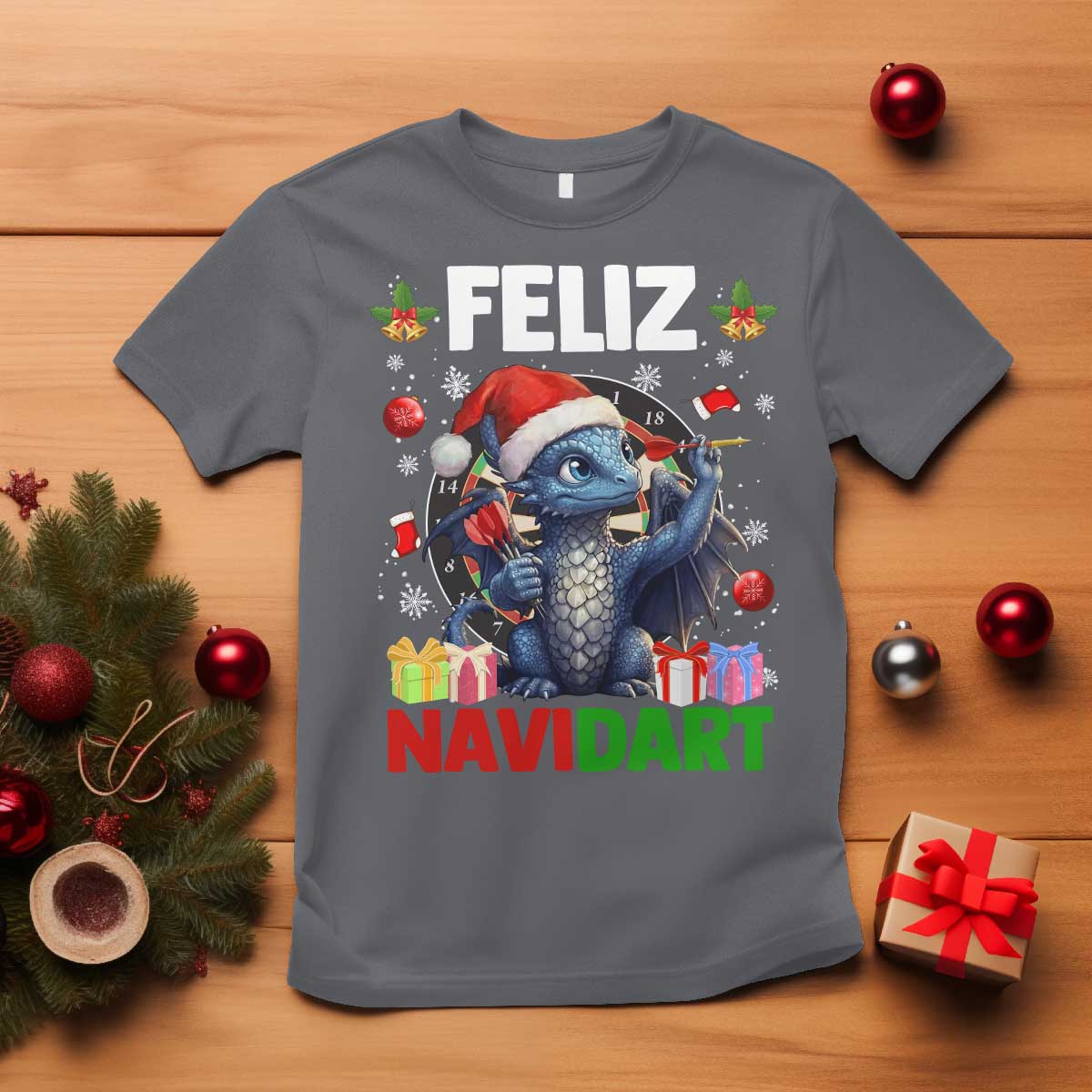 Funny Dragon Throwing Dart Christmas Gift T Shirt Feliz Navidart TS12 Charcoal Print Your Wear