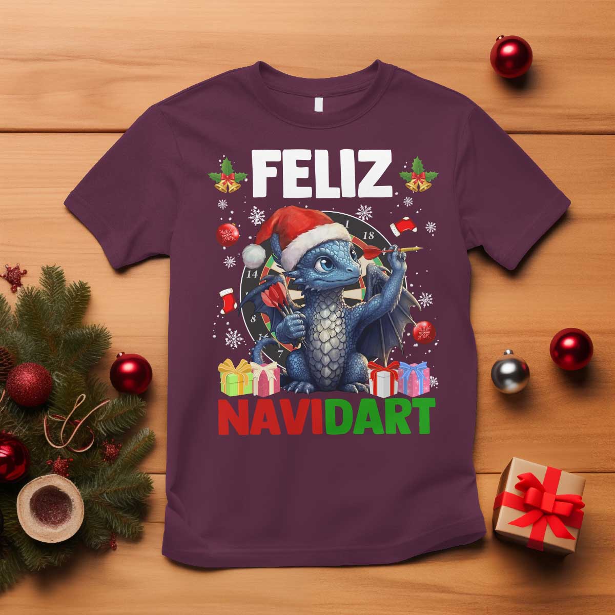 Funny Dragon Throwing Dart Christmas Gift T Shirt Feliz Navidart TS12 Maroon Print Your Wear