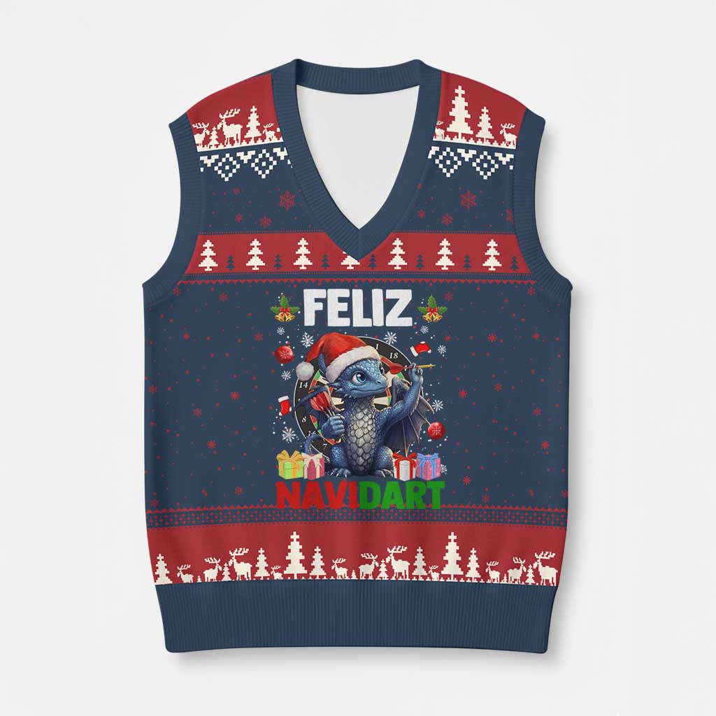 Funny Dragon Throwing Dart Xmas Gift V-Neck Knit Sweater Vest Feliz Navidart TS12 Navy Red Print Your Wear