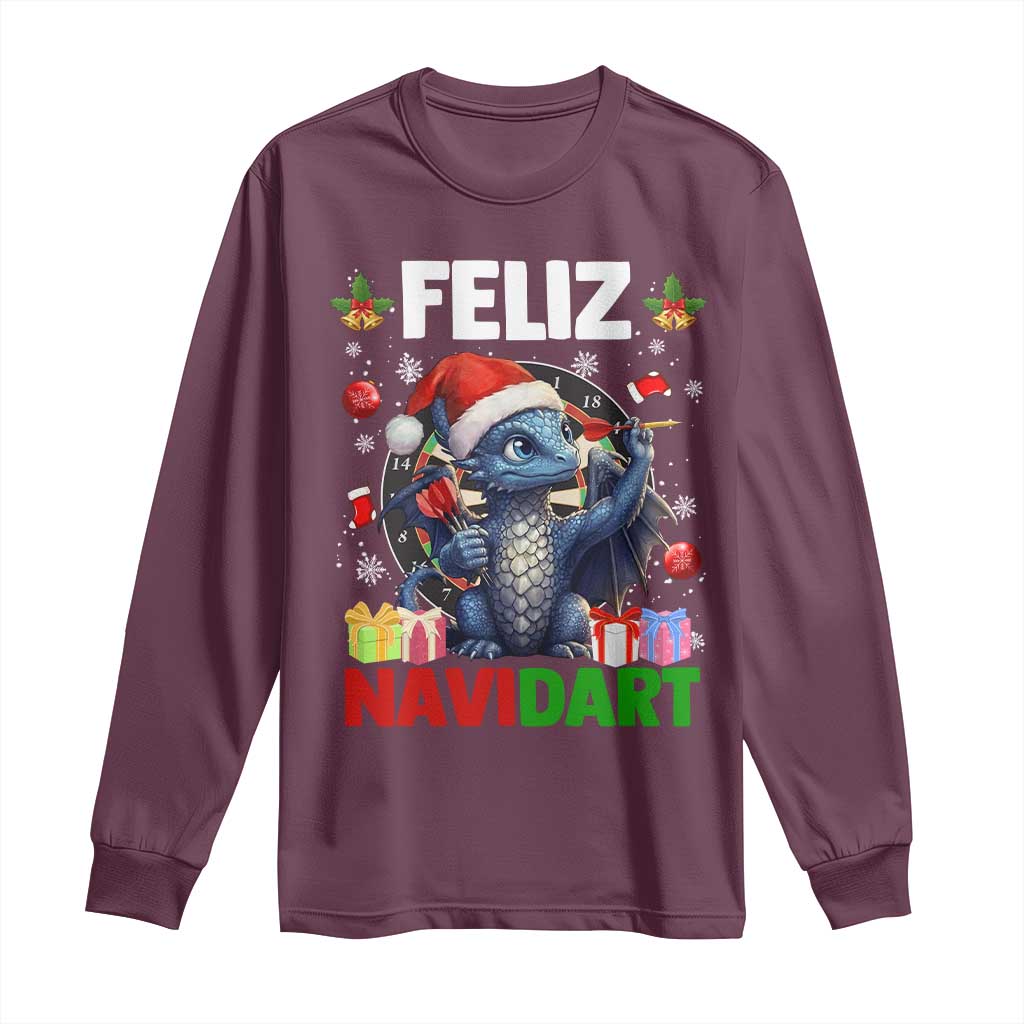 Funny Dragon Throwing Dart Christmas Gift Long Sleeve Shirt Feliz Navidart TS12 Maroon Print Your Wear