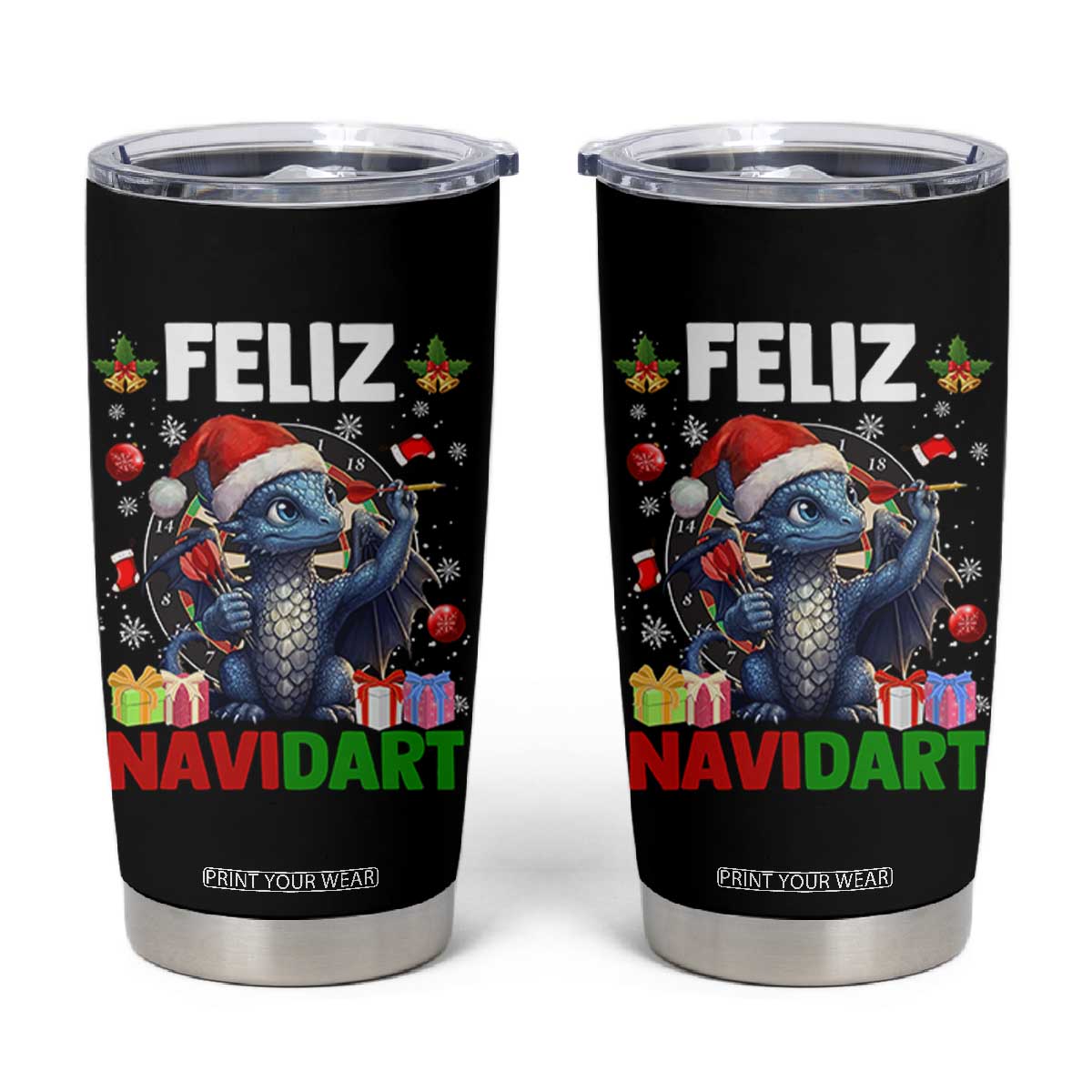 Funny Dragon Throwing Dart Christmas Gift Tumbler Cup Feliz Navidart TS12 Black Print Your Wear