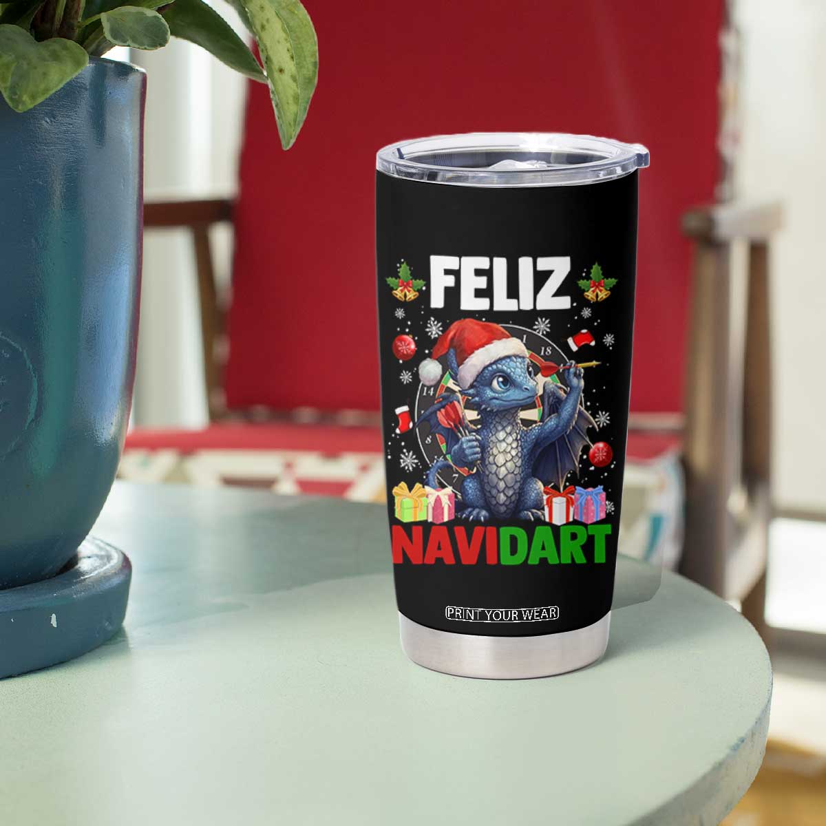 Funny Dragon Throwing Dart Christmas Gift Tumbler Cup Feliz Navidart TS12 Print Your Wear