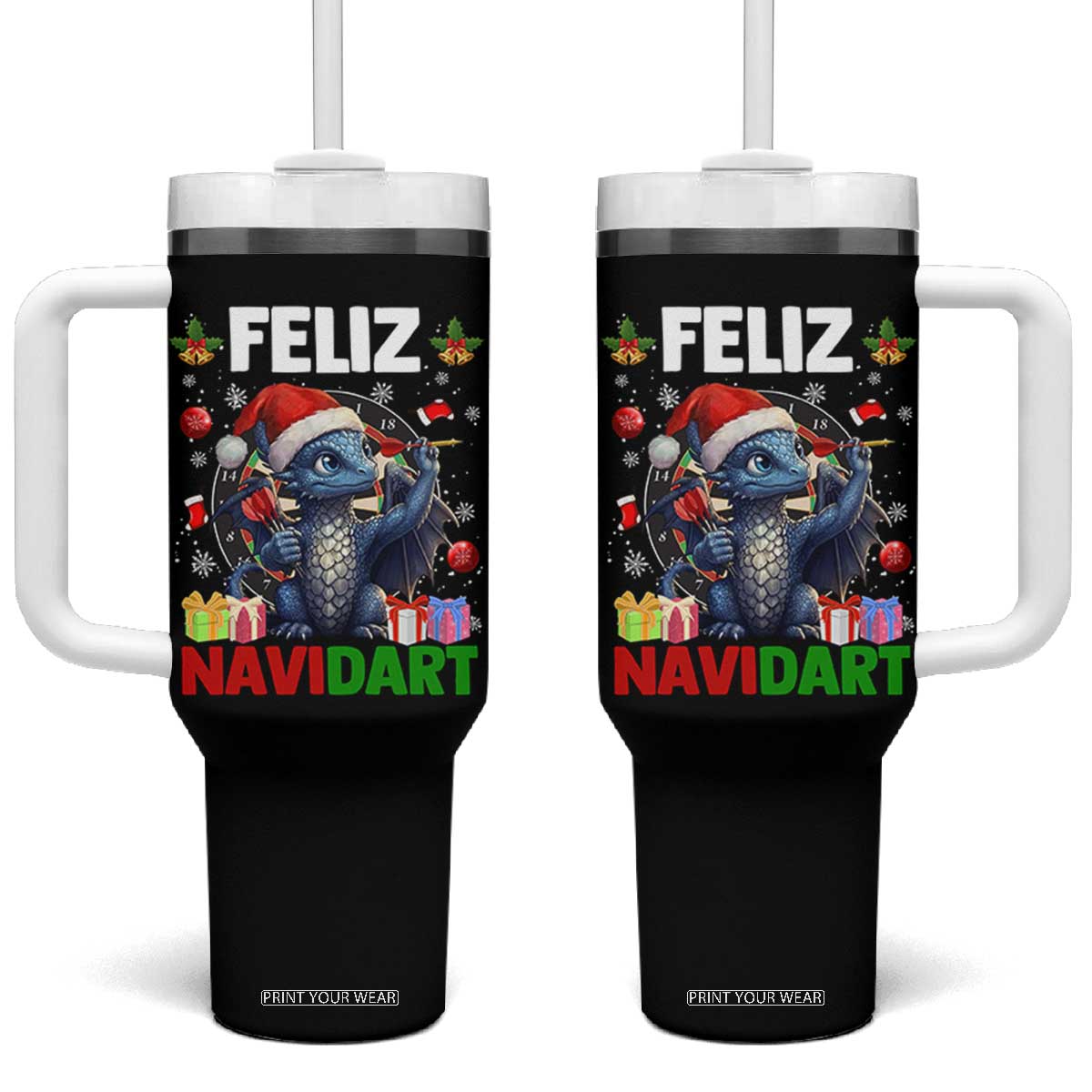 Funny Dragon Throwing Dart Christmas Gift Tumbler With Handle Feliz Navidart TS12 One Size: 40 oz Black Print Your Wear