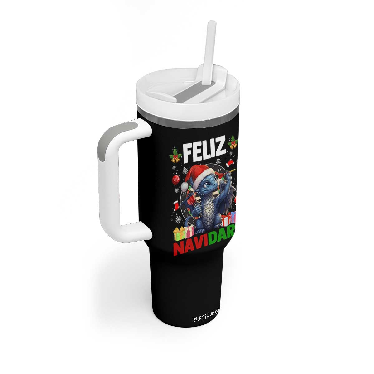 Funny Dragon Throwing Dart Christmas Gift Tumbler With Handle Feliz Navidart TS12 Print Your Wear