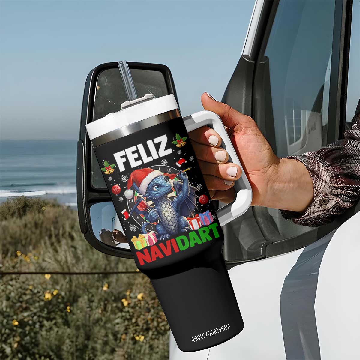 Funny Dragon Throwing Dart Christmas Gift Tumbler With Handle Feliz Navidart TS12 Print Your Wear