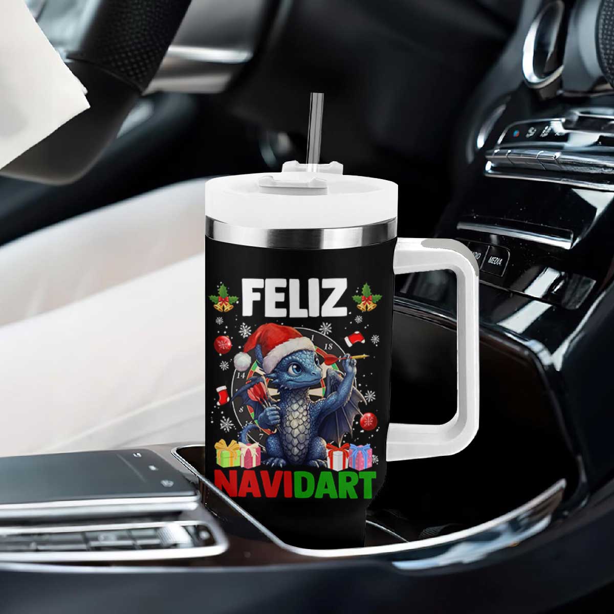 Funny Dragon Throwing Dart Christmas Gift Tumbler With Handle Feliz Navidart TS12 Print Your Wear