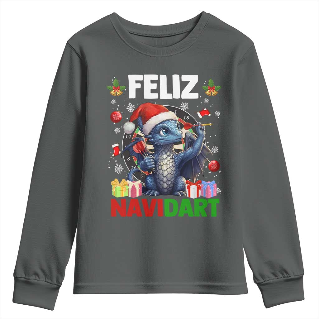 Funny Dragon Throwing Dart Christmas Gift Youth Sweatshirt Feliz Navidart TS12 Dark Heather Print Your Wear