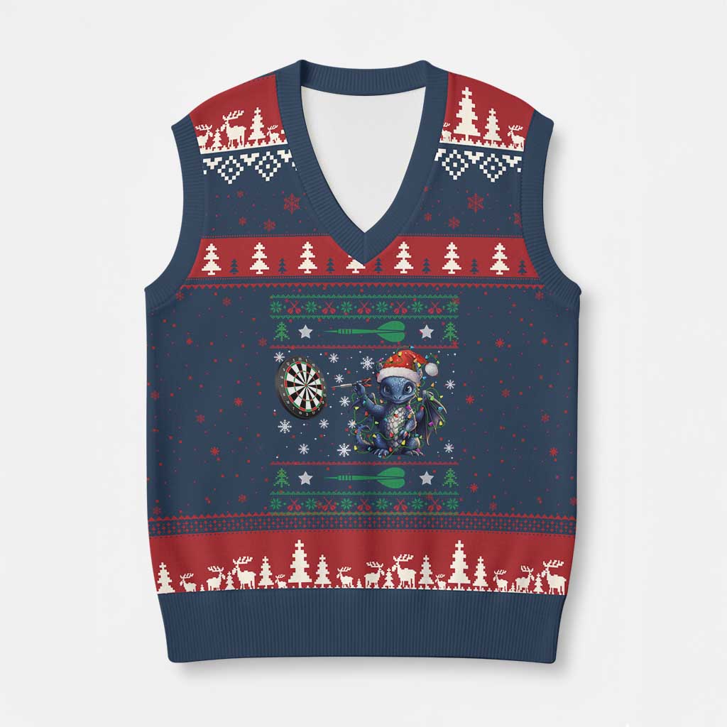 Funny Dragon Throwing Dart V-Neck Knit Sweater Vest Ugly Xmas Dart Player Gift TS12 Navy Red Print Your Wear