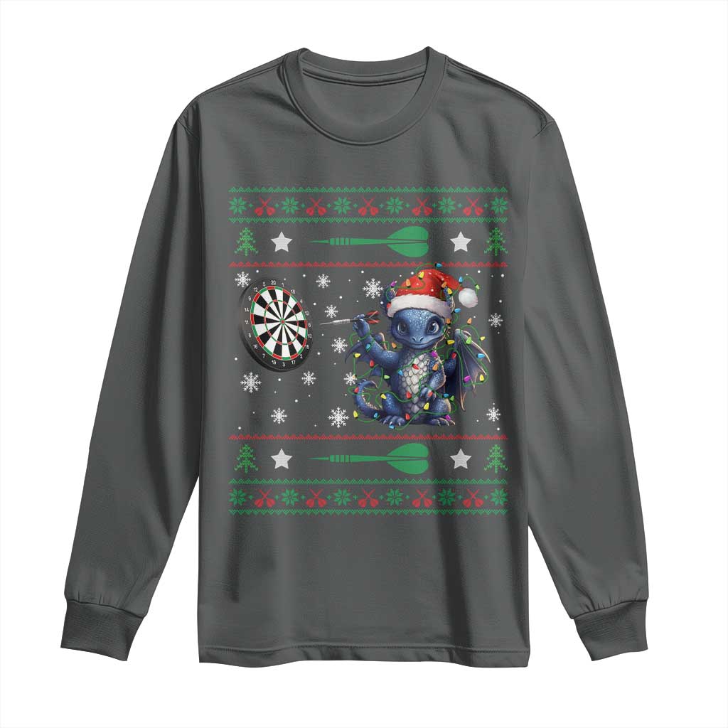 Funny Dragon Throwing Dart Long Sleeve Shirt Ugly Christmas Dart Player Gift TS12 Dark Heather Print Your Wear
