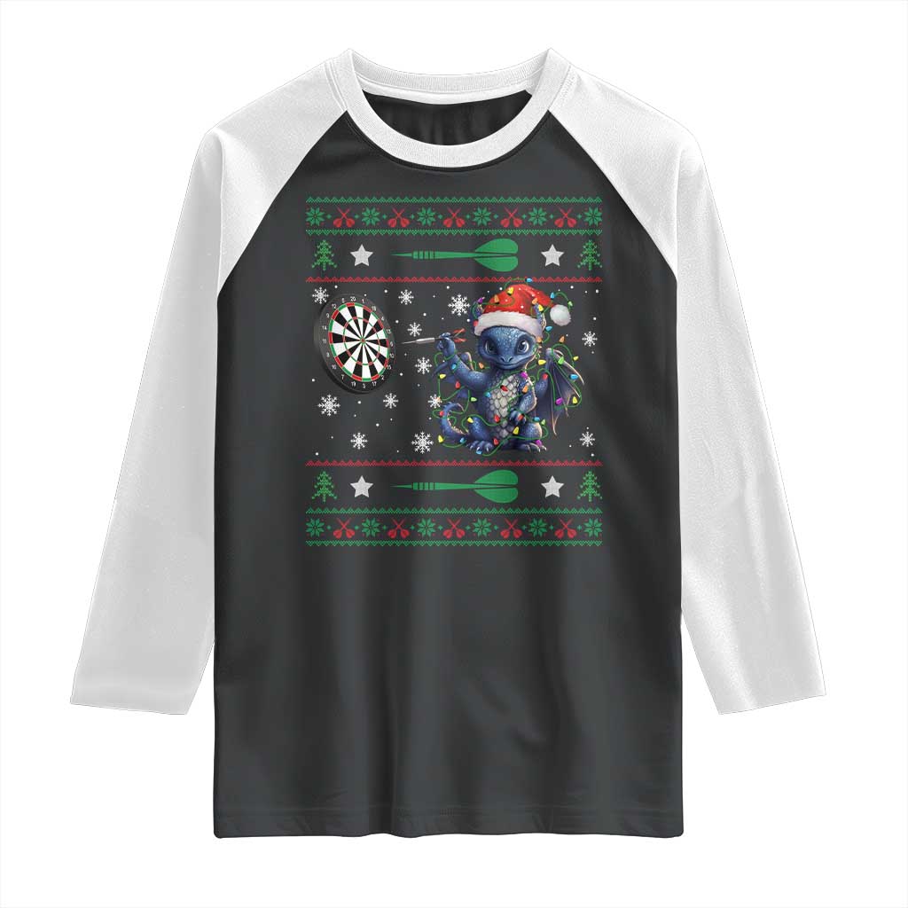 Funny Dragon Throwing Dart Raglan Shirt Ugly Christmas Dart Player Gift TS12 Black White Print Your Wear