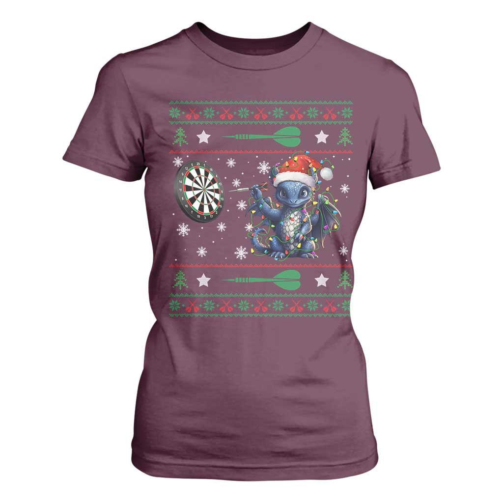 Funny Dragon Throwing Dart T Shirt For Women Ugly Christmas Dart Player Gift TS12 Maroon Print Your Wear