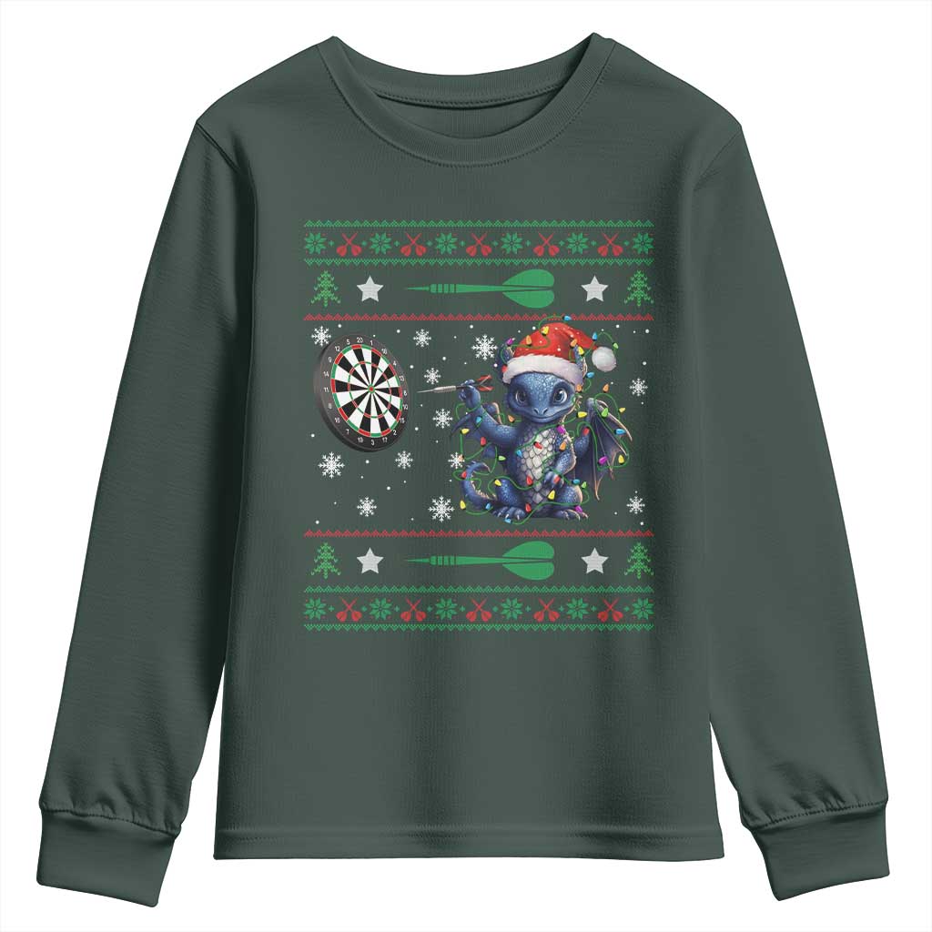 Funny Dragon Throwing Dart Youth Sweatshirt Ugly Christmas Dart Player Gift TS12 Dark Forest Green Print Your Wear