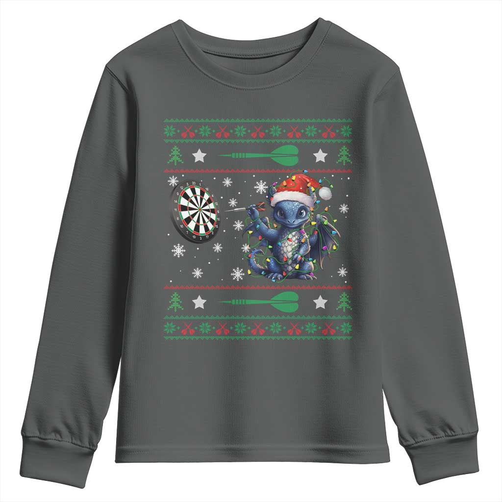 Funny Dragon Throwing Dart Youth Sweatshirt Ugly Christmas Dart Player Gift TS12 Dark Heather Print Your Wear