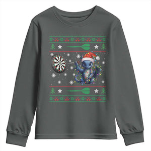 Funny Dragon Throwing Dart Youth Sweatshirt Ugly Christmas Dart Player Gift TS12 Dark Heather Print Your Wear