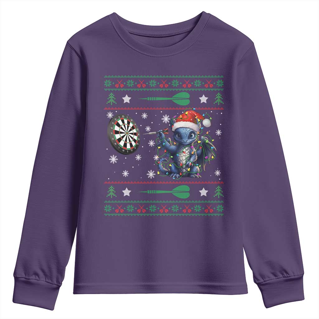 Funny Dragon Throwing Dart Youth Sweatshirt Ugly Christmas Dart Player Gift TS12 Purple Print Your Wear