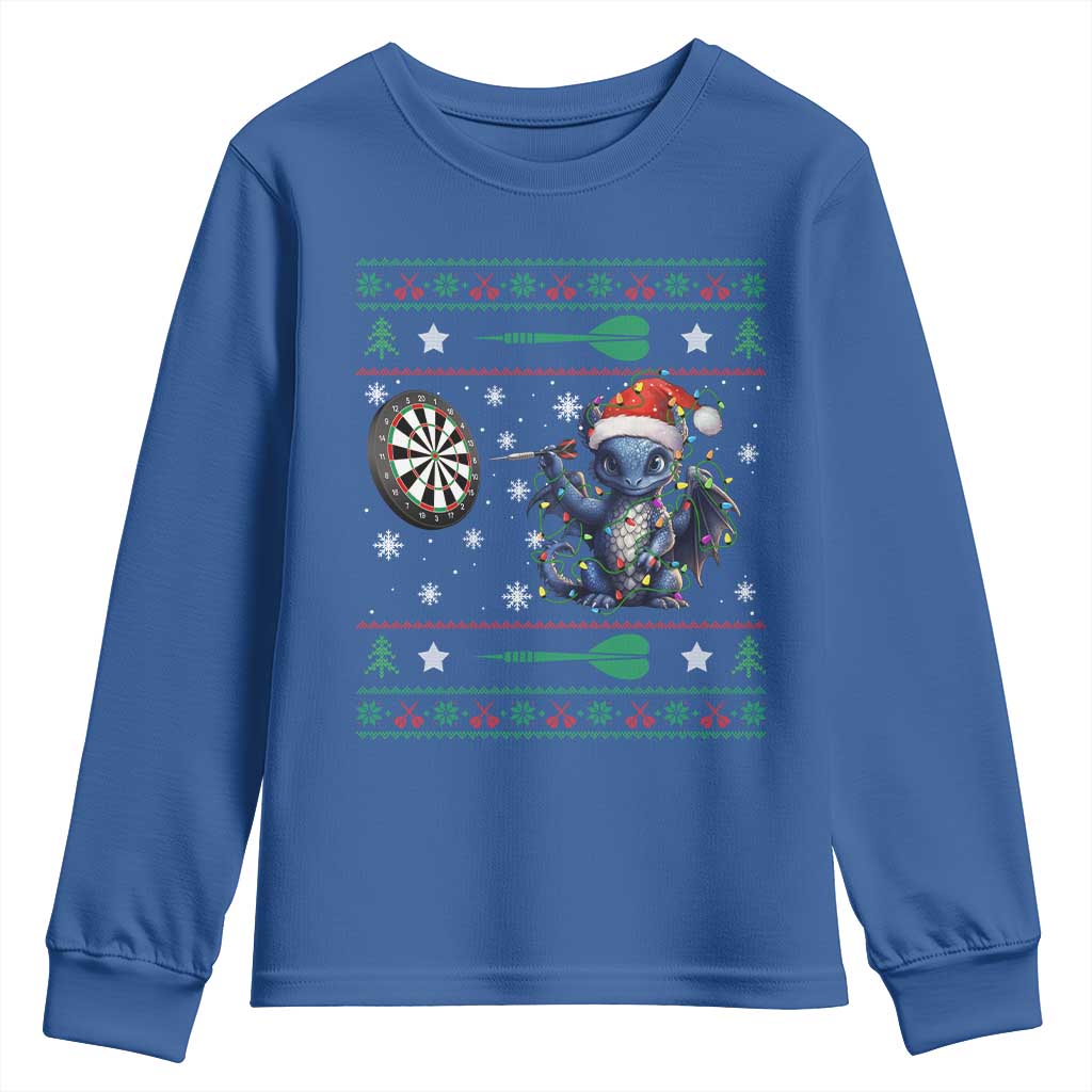 Funny Dragon Throwing Dart Youth Sweatshirt Ugly Christmas Dart Player Gift TS12 Royal Blue Print Your Wear