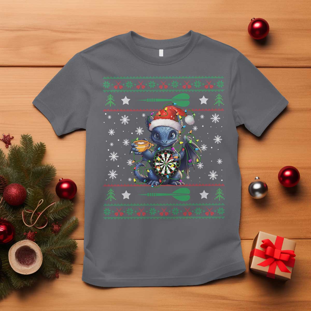 Ugly Christmas Dragon Dart Player T Shirt Gift For Dartist TS12 Charcoal Print Your Wear