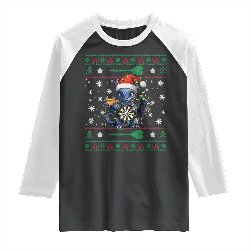 Ugly Christmas Dragon Dart Player Raglan Shirt Gift For Dartist TS12 Black White Print Your Wear
