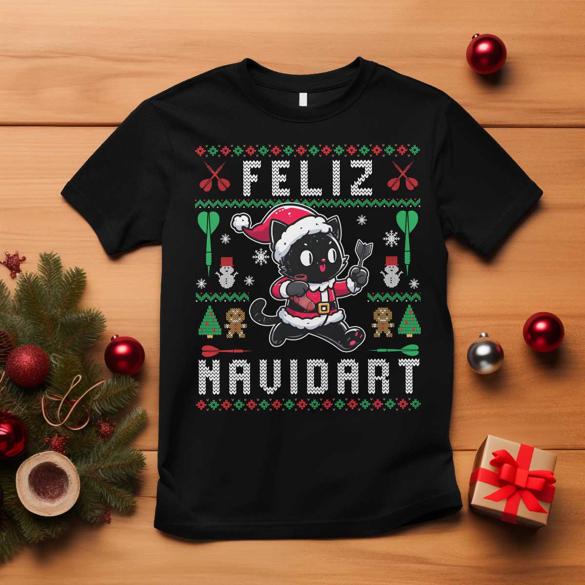 Santa Cat Feliz Navidart T Shirt Funny Dartist Ugly Christmas Gift TS12 Black Print Your Wear