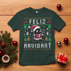 Santa Cat Feliz Navidart T Shirt Funny Dartist Ugly Christmas Gift TS12 Dark Forest Green Print Your Wear