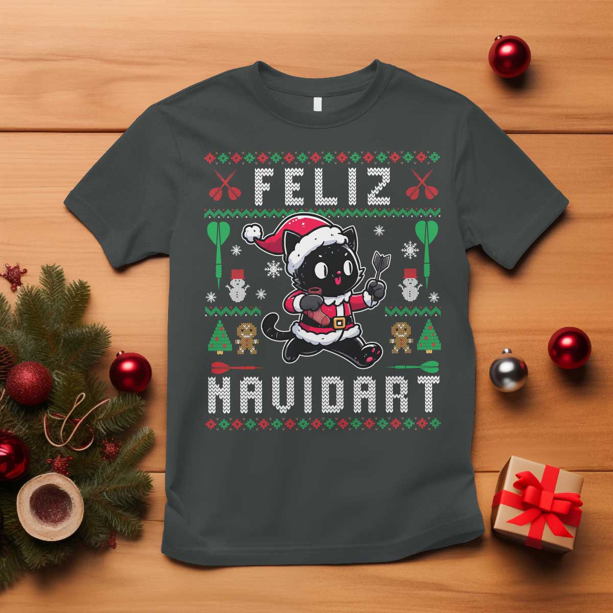 Santa Cat Feliz Navidart T Shirt Funny Dartist Ugly Christmas Gift TS12 Dark Heather Print Your Wear