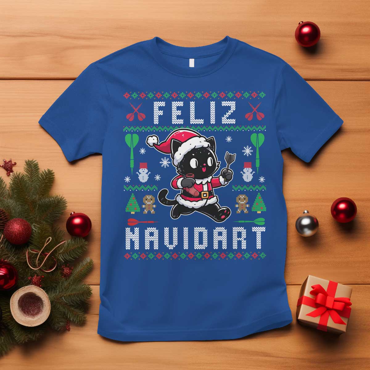 Santa Cat Feliz Navidart T Shirt Funny Dartist Ugly Christmas Gift TS12 Royal Blue Print Your Wear