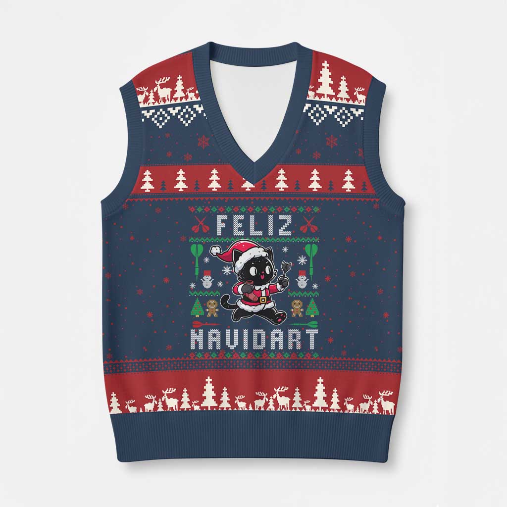 Santa Cat Feliz Navidart V-Neck Knit Sweater Vest Funny Dartist Ugly Xmas Gift TS12 Navy Red Print Your Wear