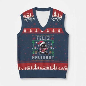 Santa Cat Feliz Navidart V-Neck Knit Sweater Vest Funny Dartist Ugly Xmas Gift TS12 Navy Red Print Your Wear
