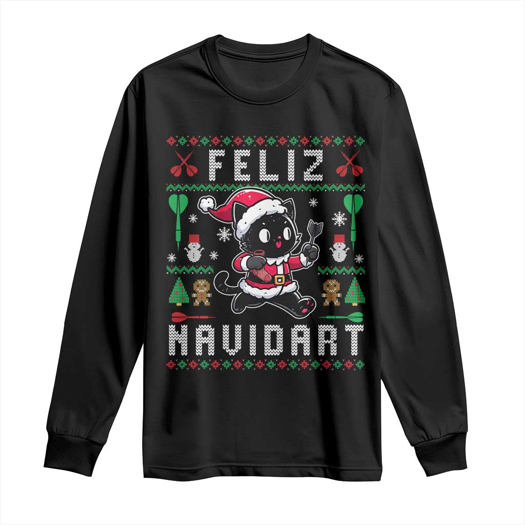 Santa Cat Feliz Navidart Long Sleeve Shirt Funny Dartist Ugly Christmas Gift TS12 Black Print Your Wear