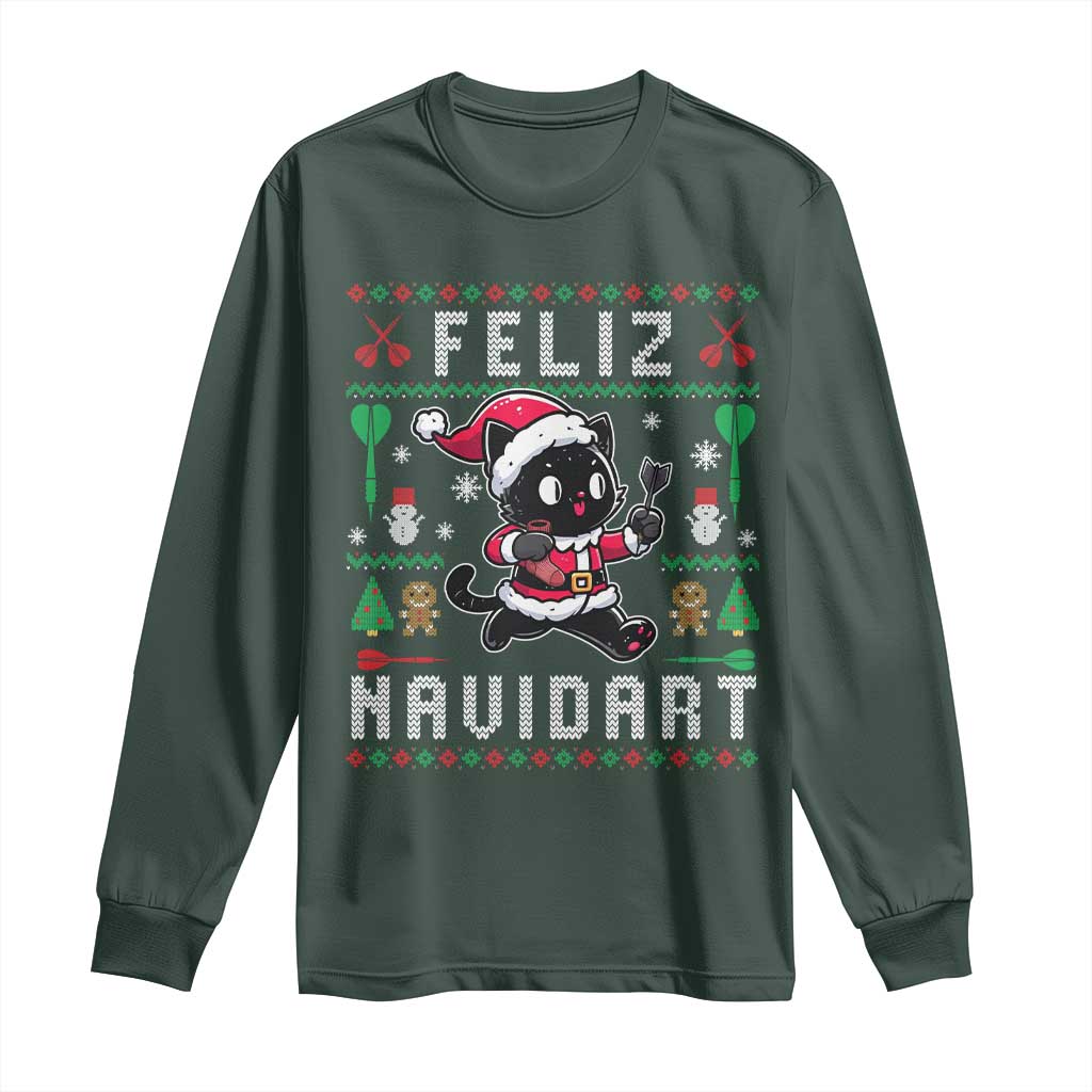 Santa Cat Feliz Navidart Long Sleeve Shirt Funny Dartist Ugly Christmas Gift TS12 Dark Forest Green Print Your Wear