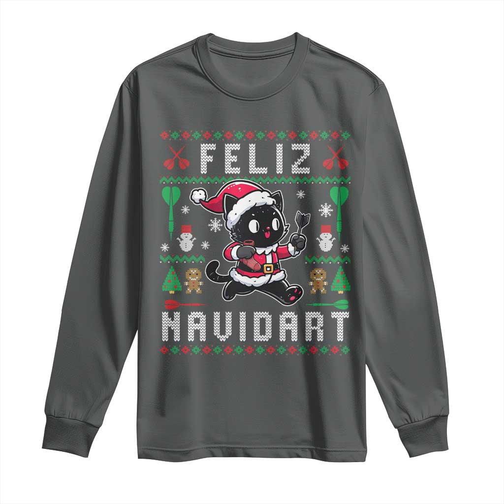 Santa Cat Feliz Navidart Long Sleeve Shirt Funny Dartist Ugly Christmas Gift TS12 Dark Heather Print Your Wear