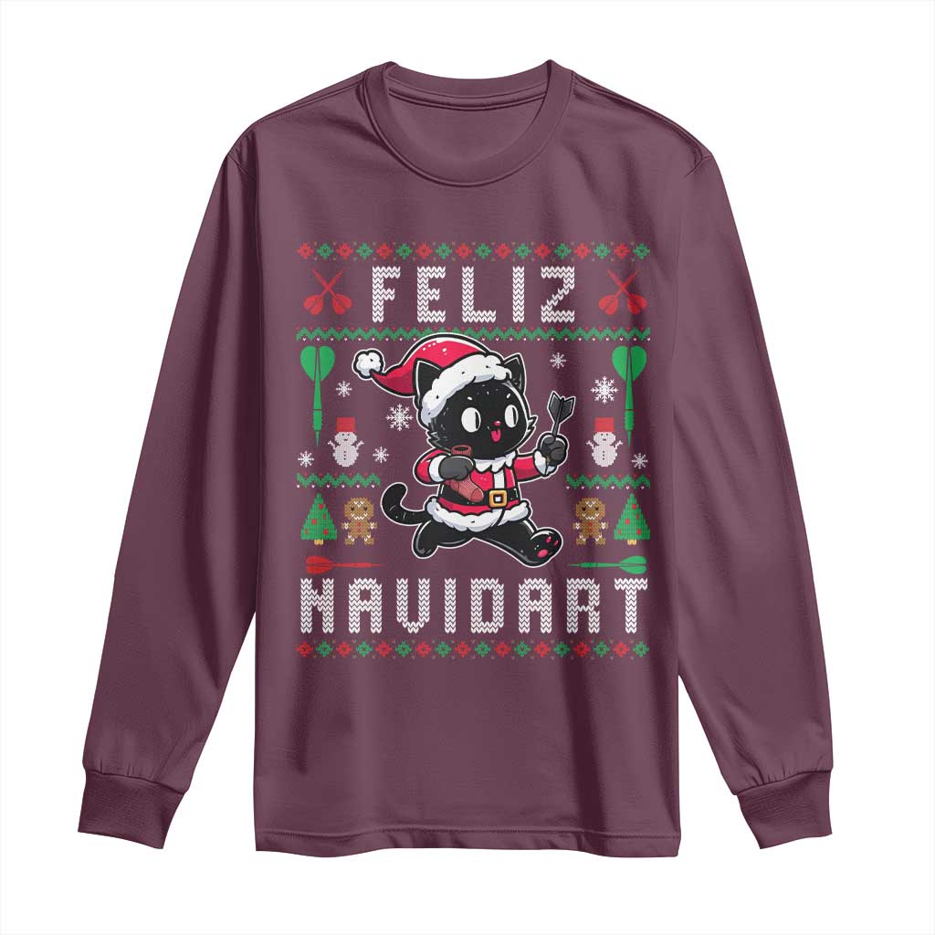 Santa Cat Feliz Navidart Long Sleeve Shirt Funny Dartist Ugly Christmas Gift TS12 Maroon Print Your Wear