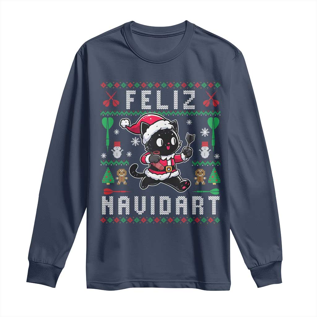 Santa Cat Feliz Navidart Long Sleeve Shirt Funny Dartist Ugly Christmas Gift TS12 Navy Print Your Wear