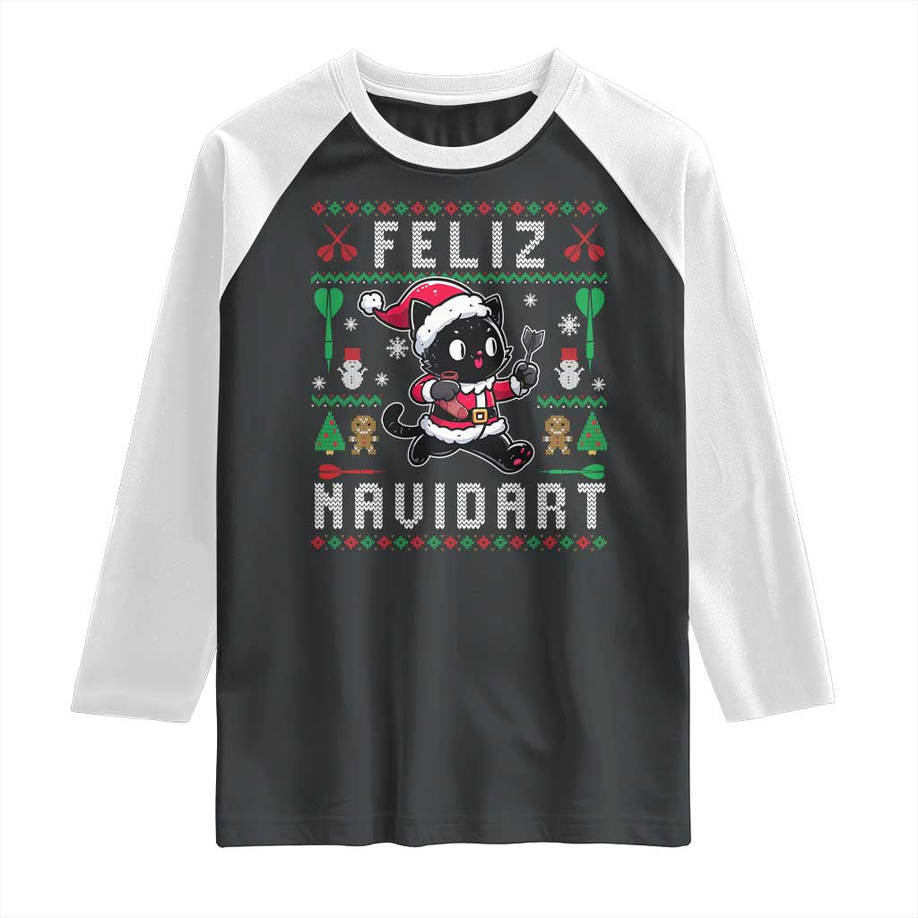 Santa Cat Feliz Navidart Raglan Shirt Funny Dartist Ugly Christmas Gift TS12 Black White Print Your Wear