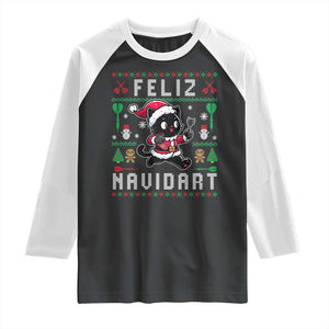 Santa Cat Feliz Navidart Raglan Shirt Funny Dartist Ugly Christmas Gift TS12 Black White Print Your Wear