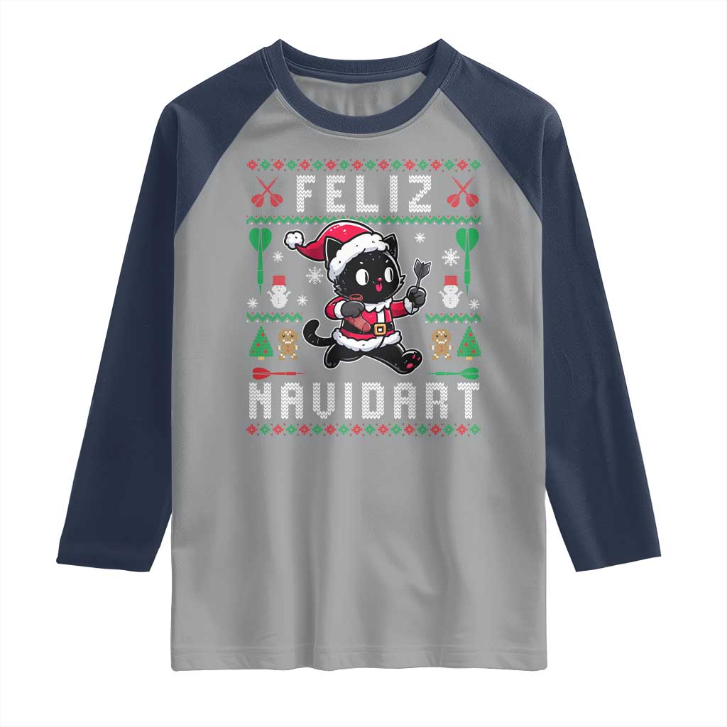 Santa Cat Feliz Navidart Raglan Shirt Funny Dartist Ugly Christmas Gift TS12 Sport Gray Navy Print Your Wear